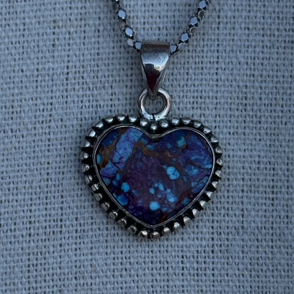 Purple Copper Turquoise Natural 7.30ct Heart Pendant Sterling Silver 20